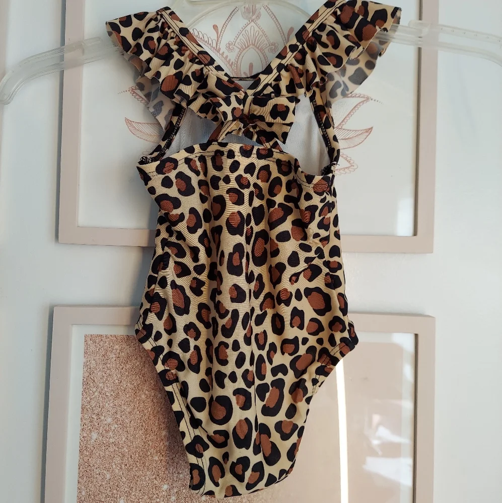 🎁 = 10/$25- 12 months leopard one piece swim suit with bow and ruffles